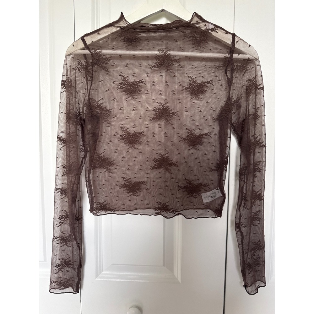 Aerie Sheer Floral Mesh Lace Long Sleeve Top Brown Mock Neck Crop XS